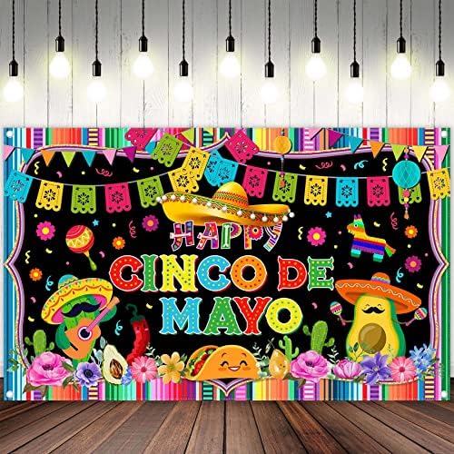Swepuck 72x43inch Happy Cinco De Mayo Backdrop Mexican Fiesta Theme Background Carnival Party Decorations Colorful Striped Flags Floral Banner Photo Booth